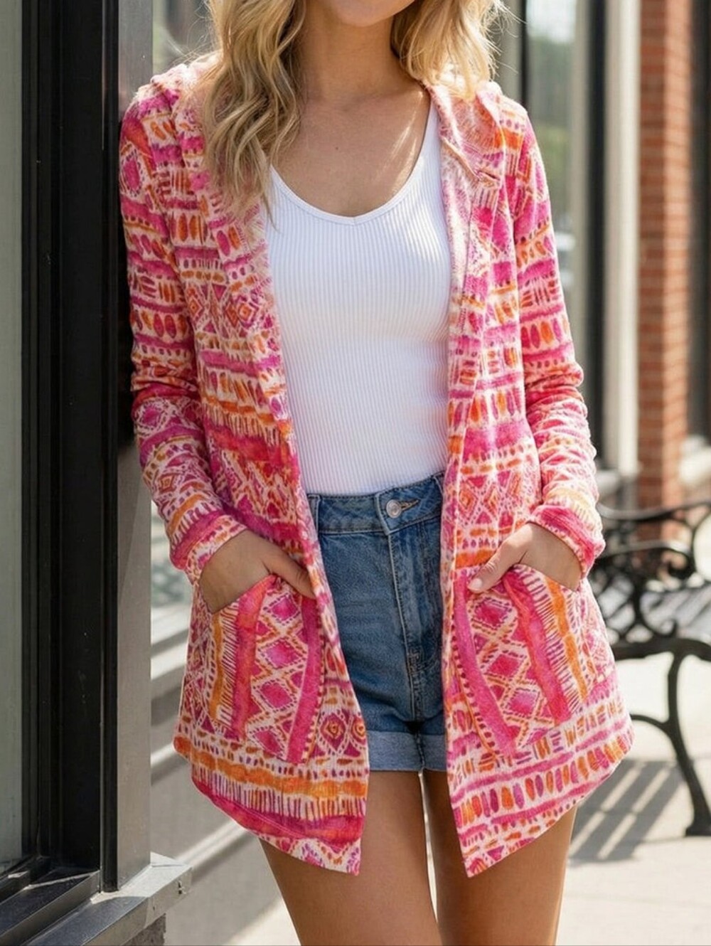 AND THE WHY Printed Thermal Hooded Open Front Cardigan